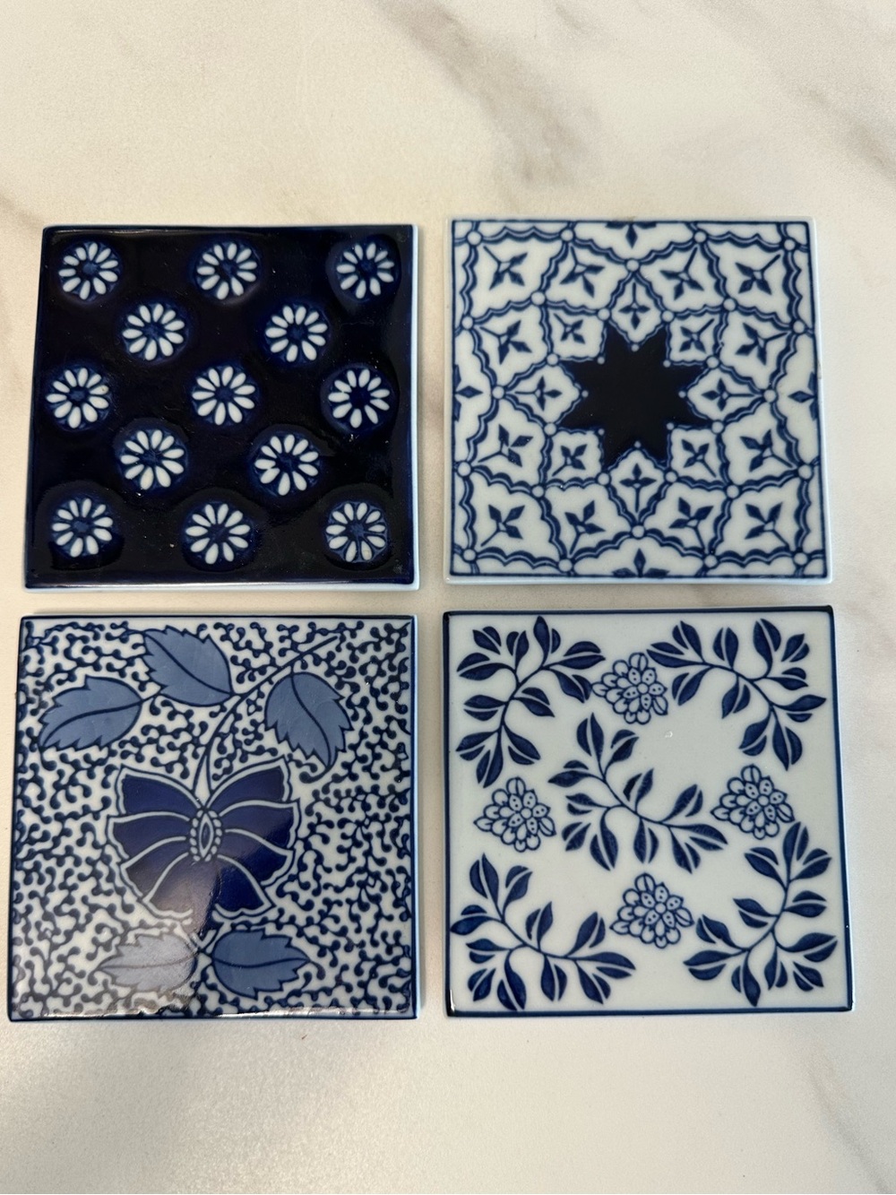 Vintage Pier 1 Cobalt Blue/White Moroccan Floral Porcelain Coasters - Set of 4